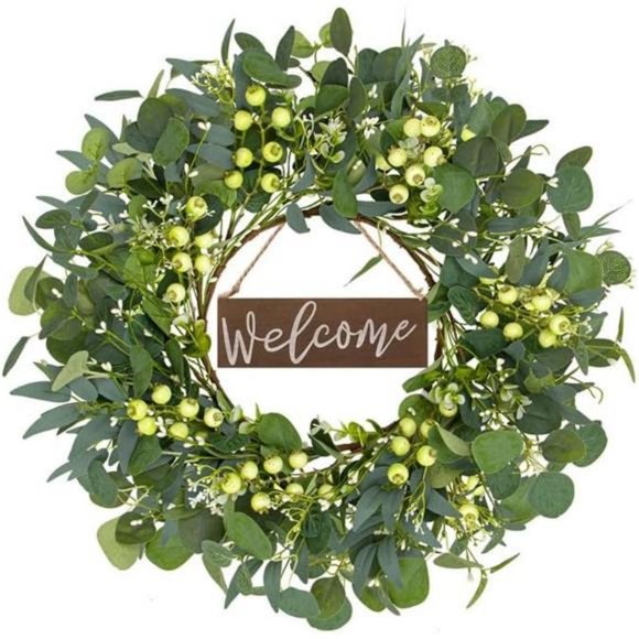 Green Wreaths for Front Door 20 Inch Artificial Eucalyptus Welcome Spring Wreath - Picture 6 of 6